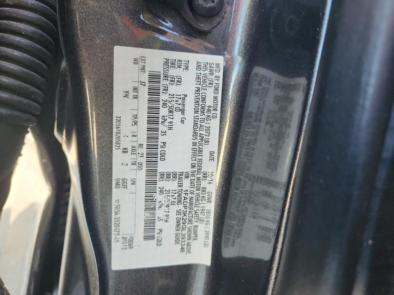 2016 Ford Focus Se VIN: 1FADP3K29GL393346 Lot: 89838855