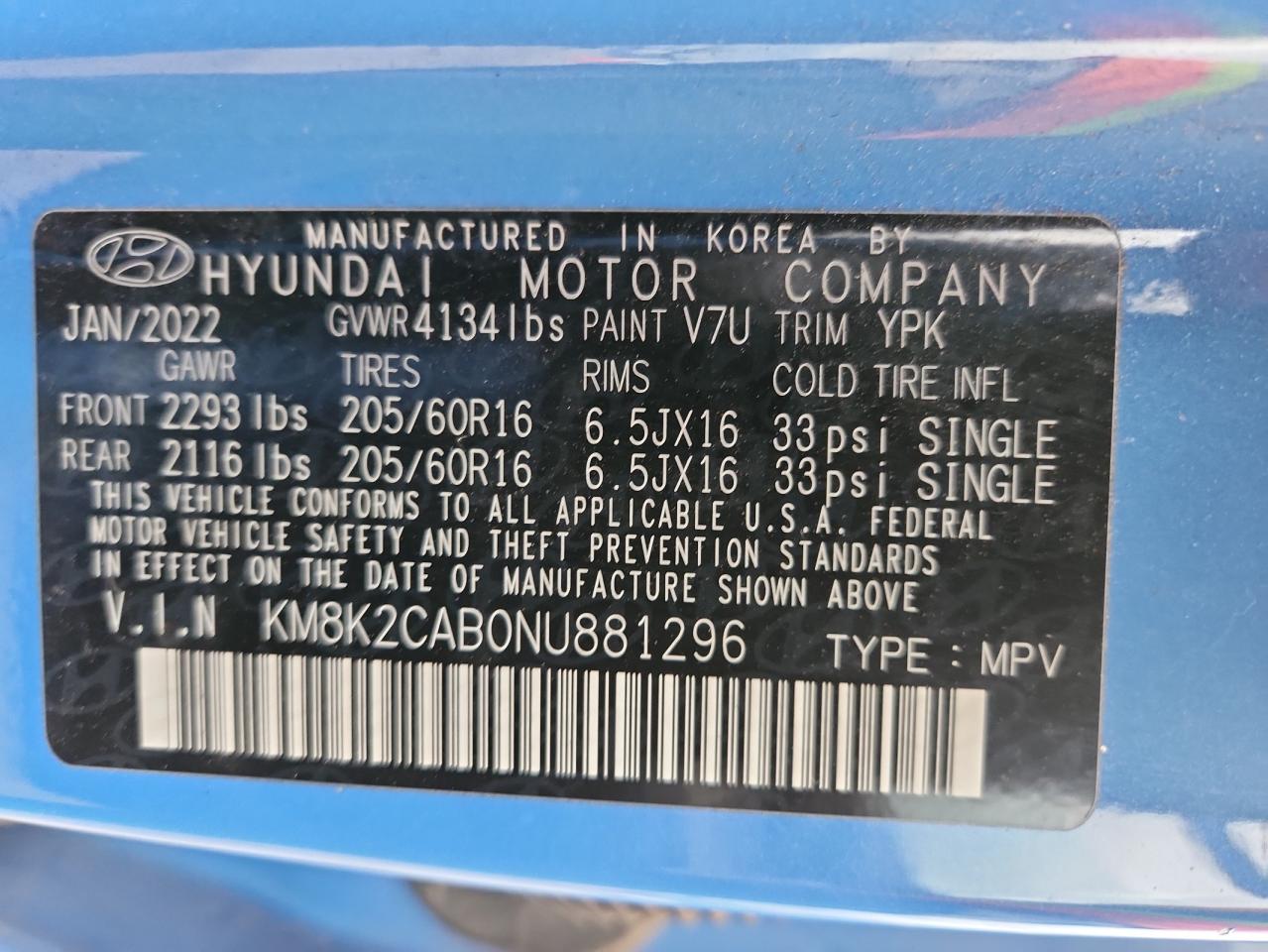 2022 Hyundai Kona Sel VIN: KM8K2CAB0NU881296 Lot: 82234275