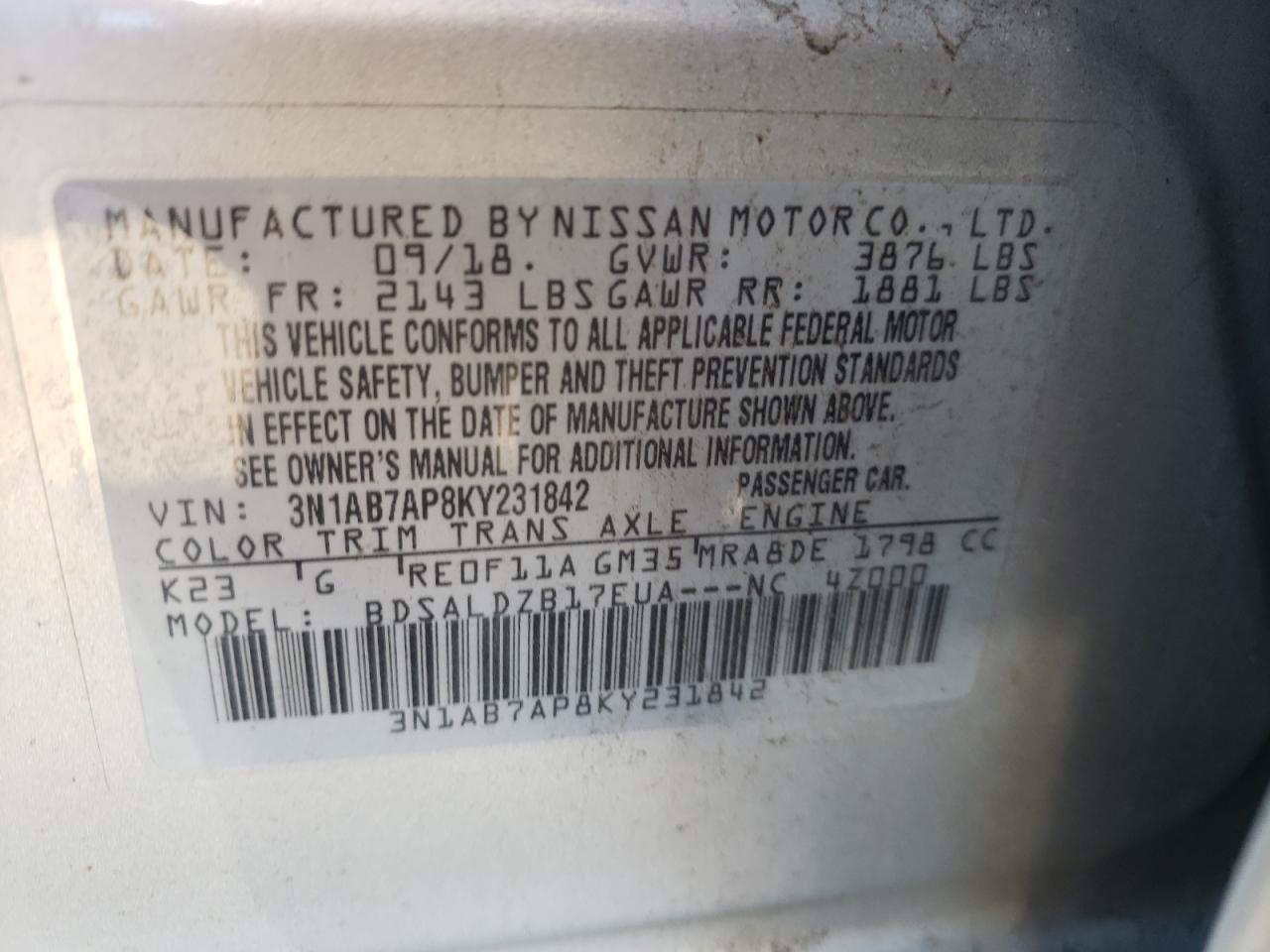 2019 Nissan Sentra S VIN: 3N1AB7AP8KY231842 Lot: 85663585