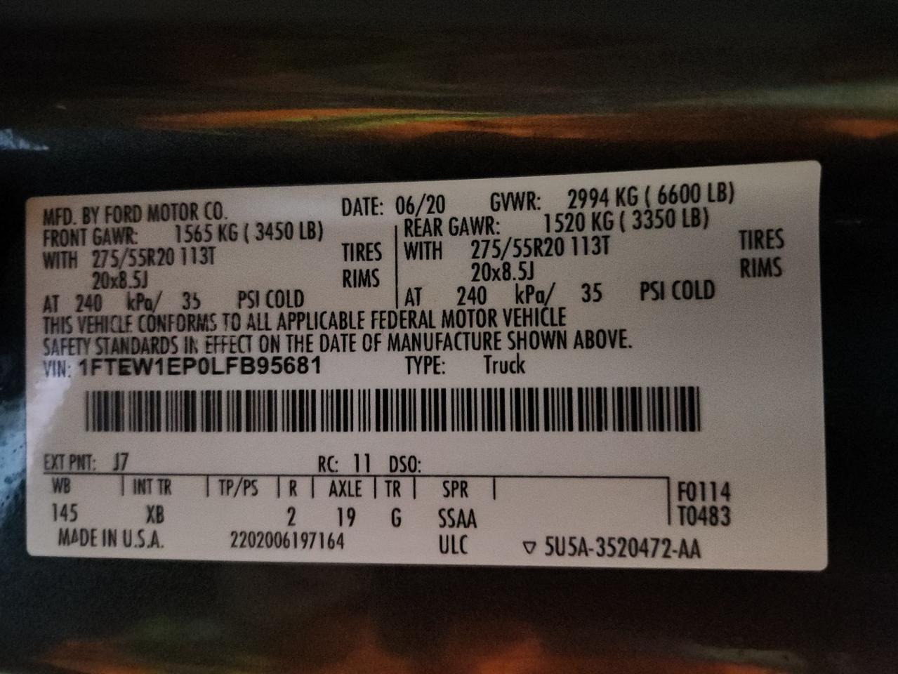 2020 Ford F150 Supercrew VIN: 1FTEW1EP0LFB95681 Lot: 86245715