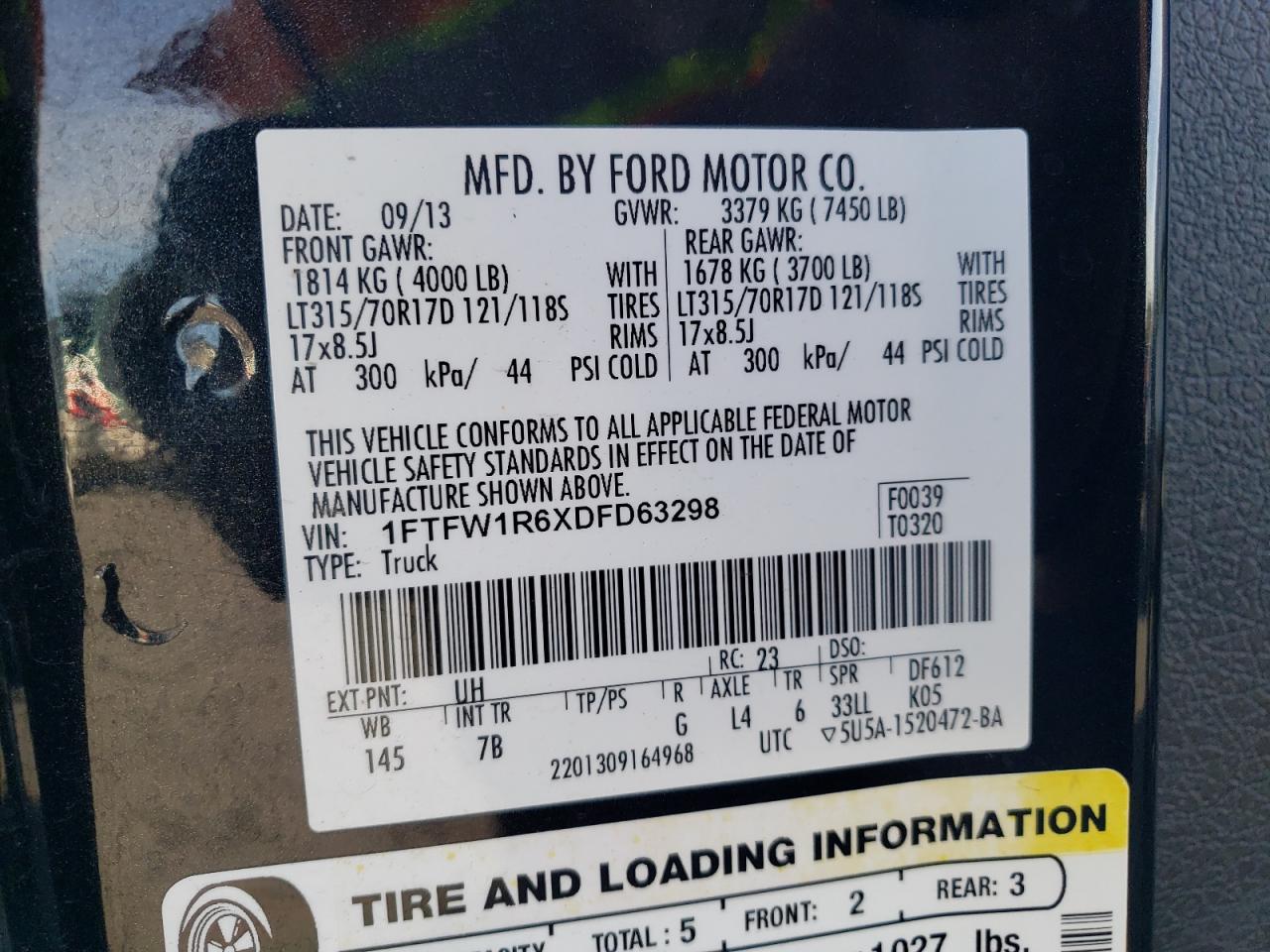 2013 Ford F150 Svt Raptor VIN: 1FTFW1R6XDFD63298 Lot: 86537195