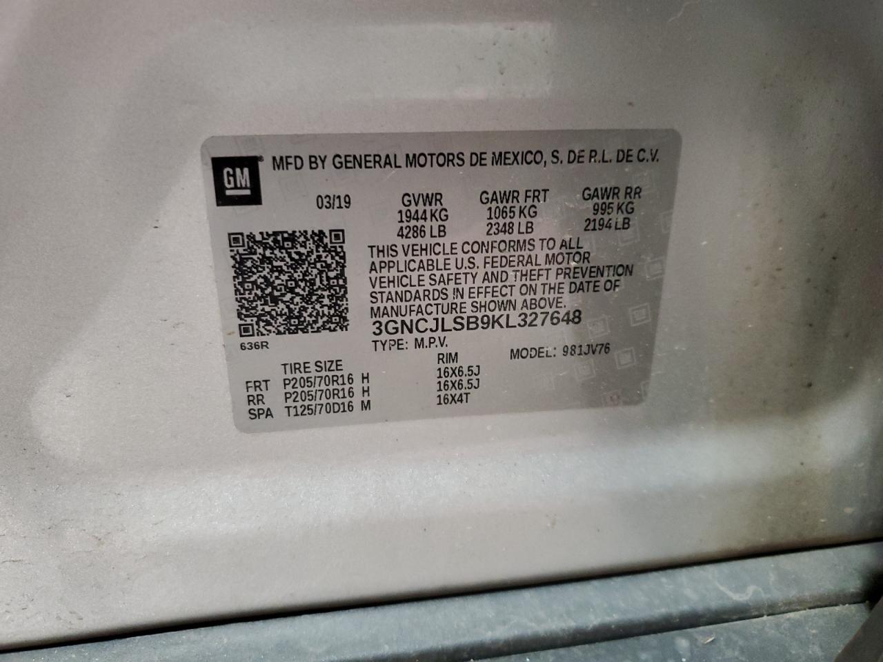 2019 Chevrolet Trax 1Lt VIN: 3GNCJLSB9KL327648 Lot: 84556685