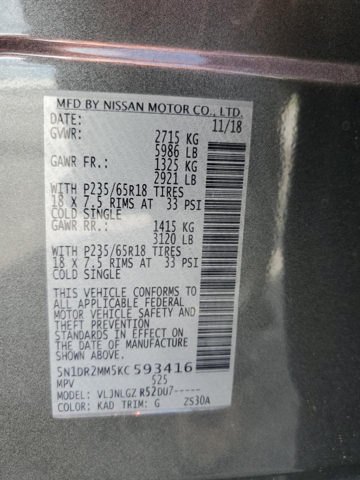 2019 Nissan Pathfinder S VIN: 5N1DR2MM5KC593416 Lot: 84597855