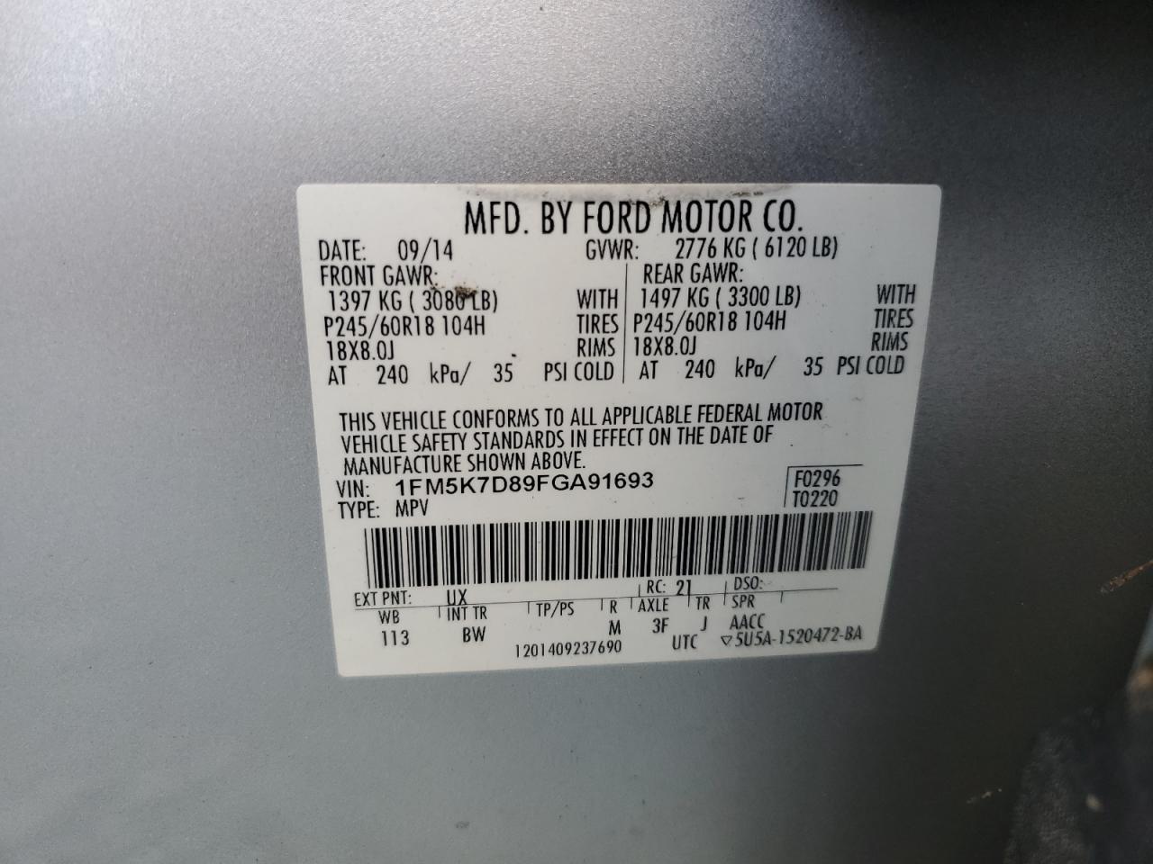 2015 Ford Explorer Xlt VIN: 1FM5K7D89FGA91693 Lot: 81983465