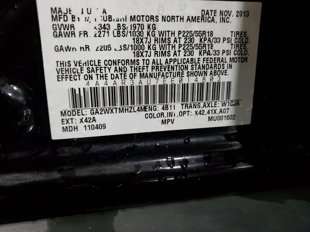 2014 Mitsubishi Outlander Sport Es VIN: 4A4AR3AU7EE014803 Lot: 90714685