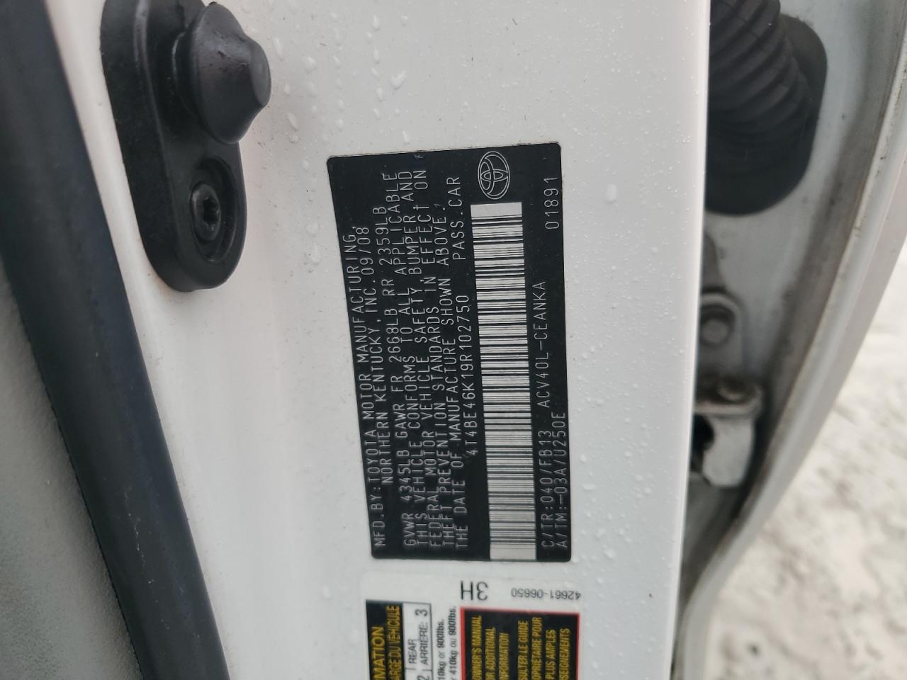 2009 Toyota Camry Base VIN: 4T4BE46K19R102750 Lot: 87380465