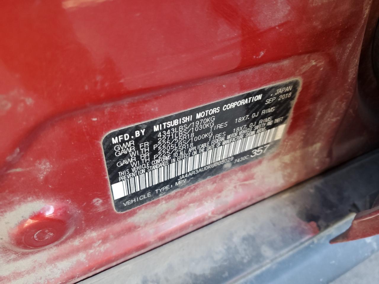 2019 Mitsubishi Outlander Sport Es VIN: JA4AR3AU0KU003029 Lot: 82306915