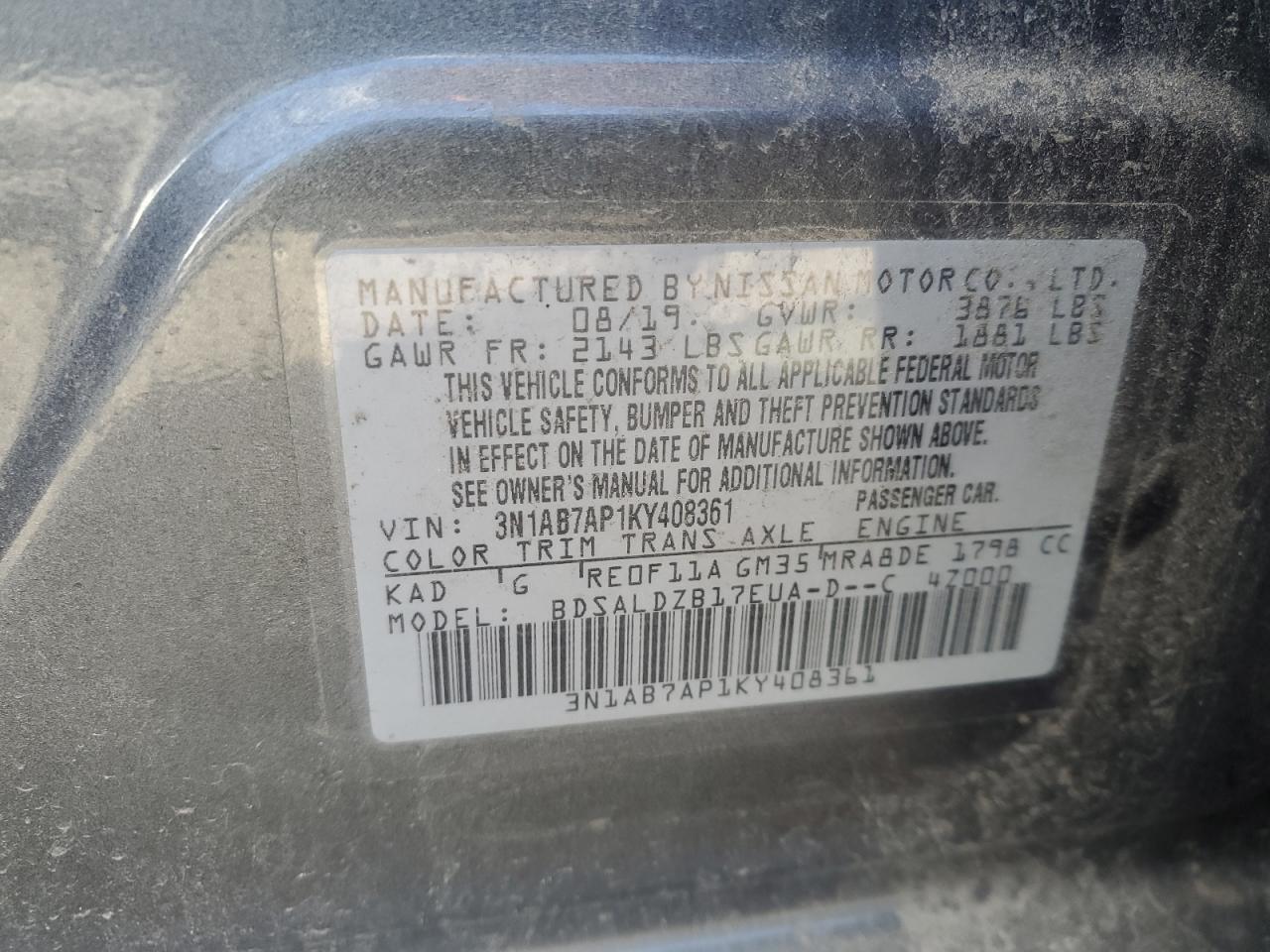 2019 Nissan Sentra S VIN: 3N1AB7AP1KY408361 Lot: 85926255