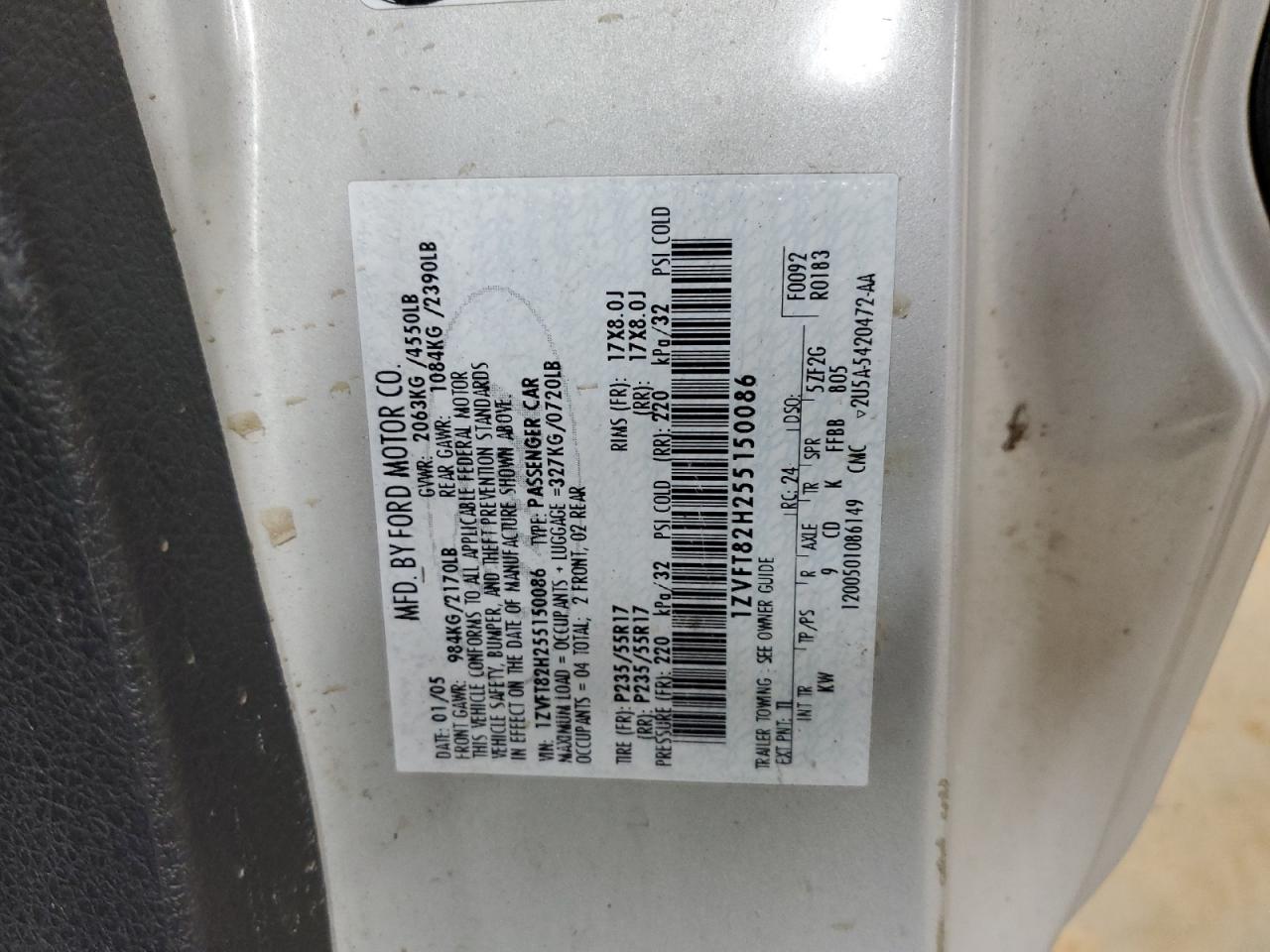 2005 Ford Mustang Gt VIN: 1ZVFT82H255150086 Lot: 89885775