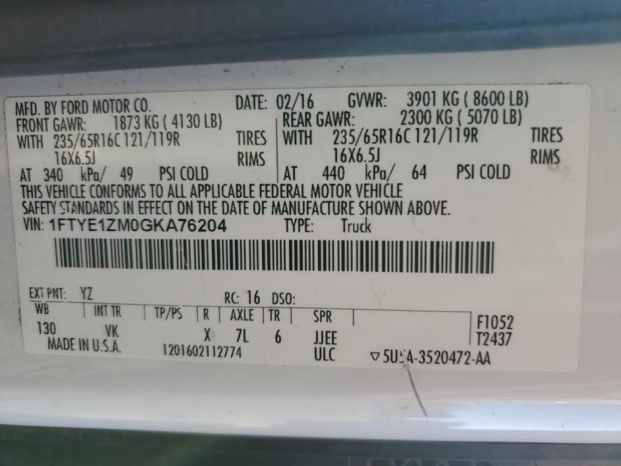 2016 Ford Transit Utility / Service Van VIN: 1FTYE1ZM0GKA76204 Lot: 86123215