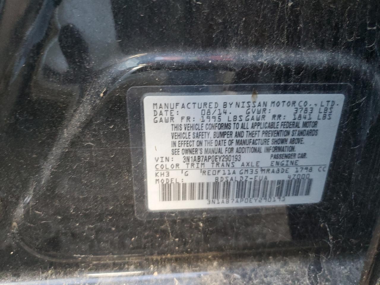 2014 Nissan Sentra S VIN: 3N1AB7AP0EY290193 Lot: 82594415