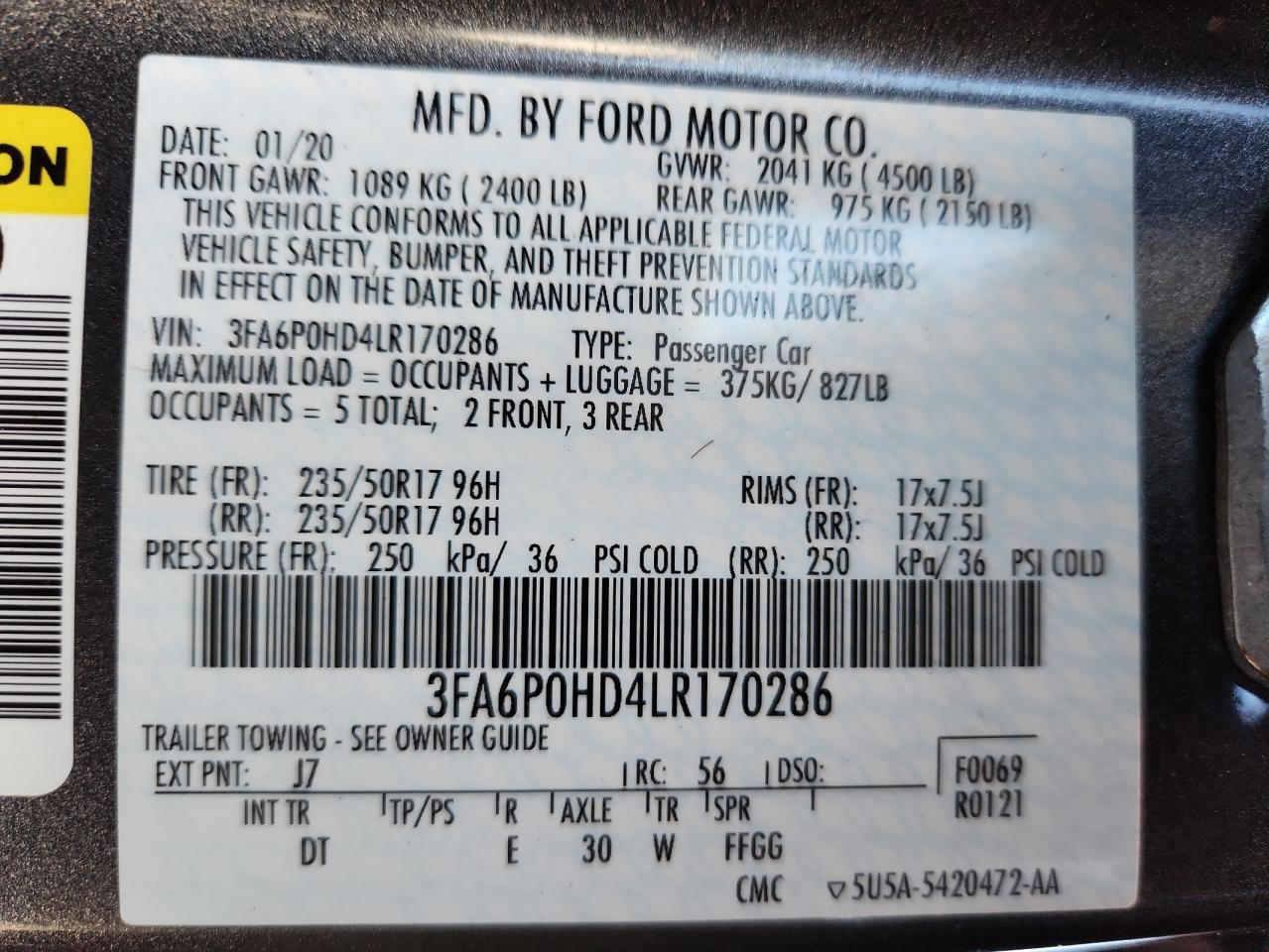 2020 Ford Fusion Se VIN: 3FA6P0HD4LR170286 Lot: 87482055