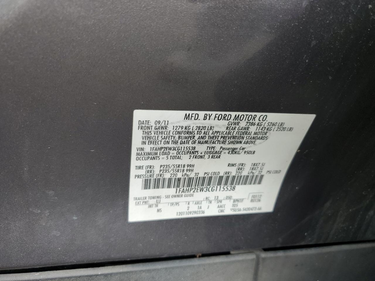 2012 Ford Taurus Sel VIN: 1FAHP2EW3CG115538 Lot: 85509225