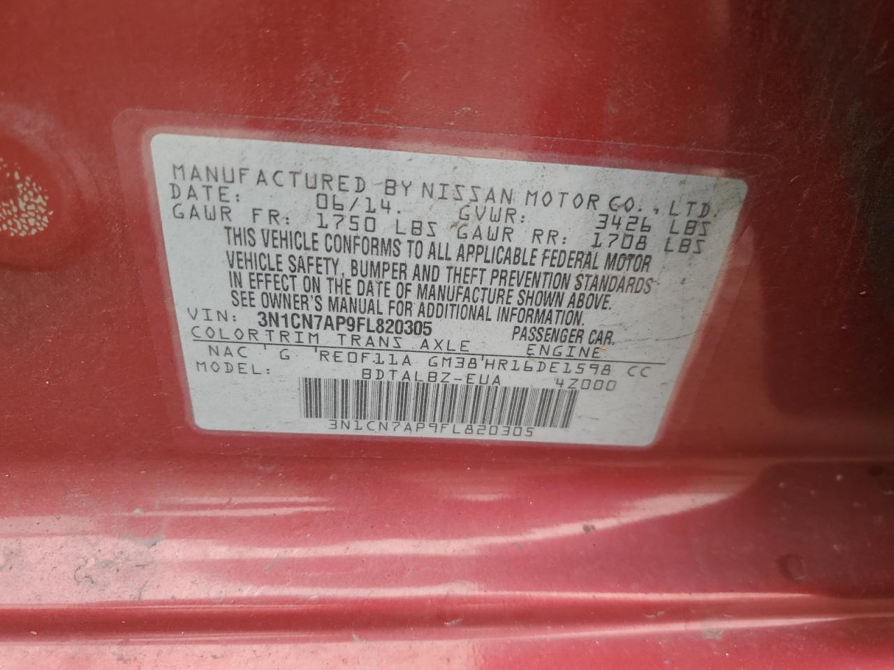 2015 Nissan Versa S VIN: 3N1CN7AP9FL820305 Lot: 82458355