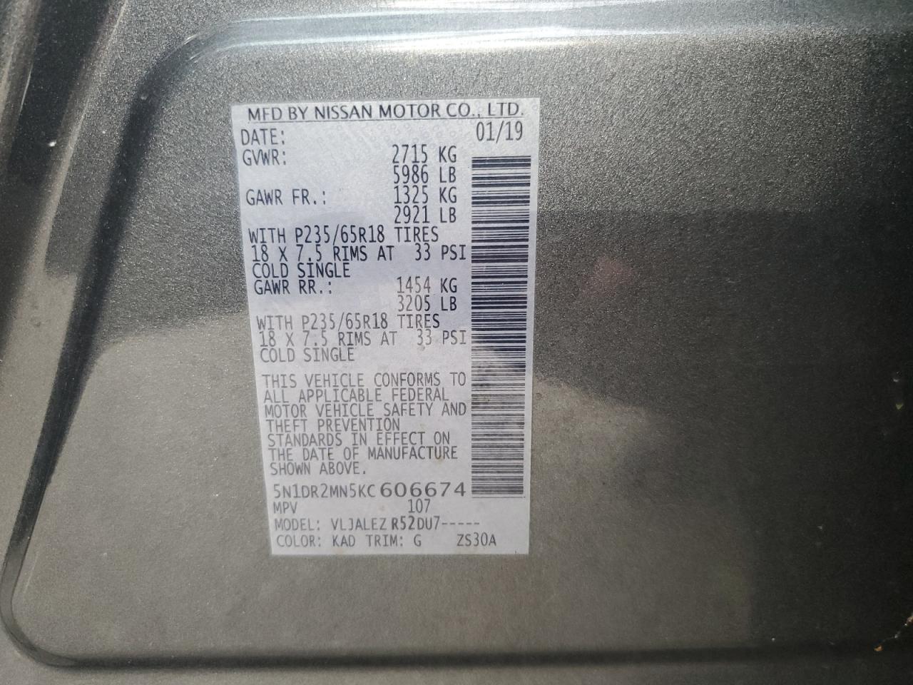 2019 Nissan Pathfinder S VIN: 5N1DR2MN5KC606674 Lot: 82293035