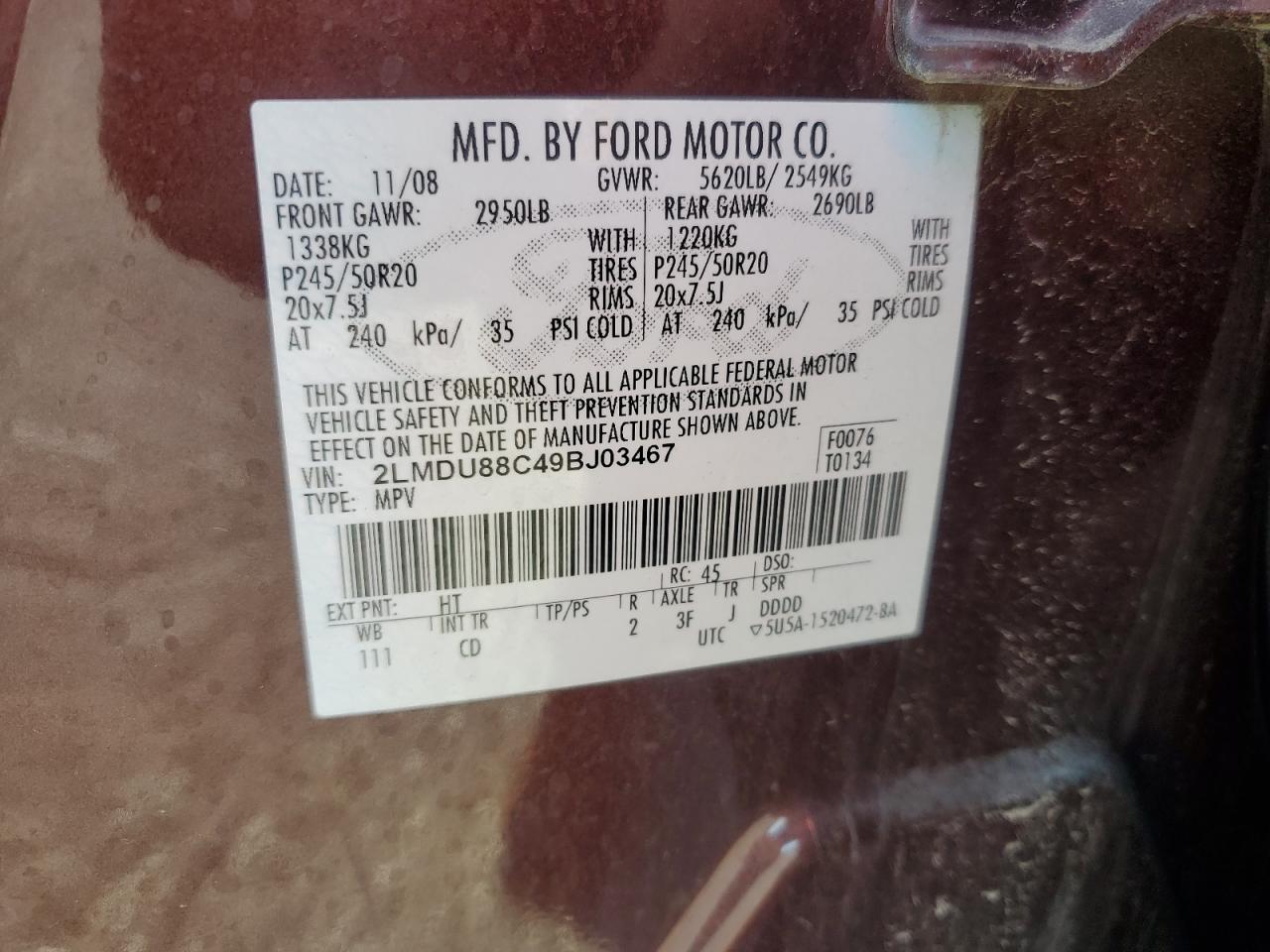 2009 Lincoln Mkx VIN: 2LMDU88C49BJ03467 Lot: 82219615