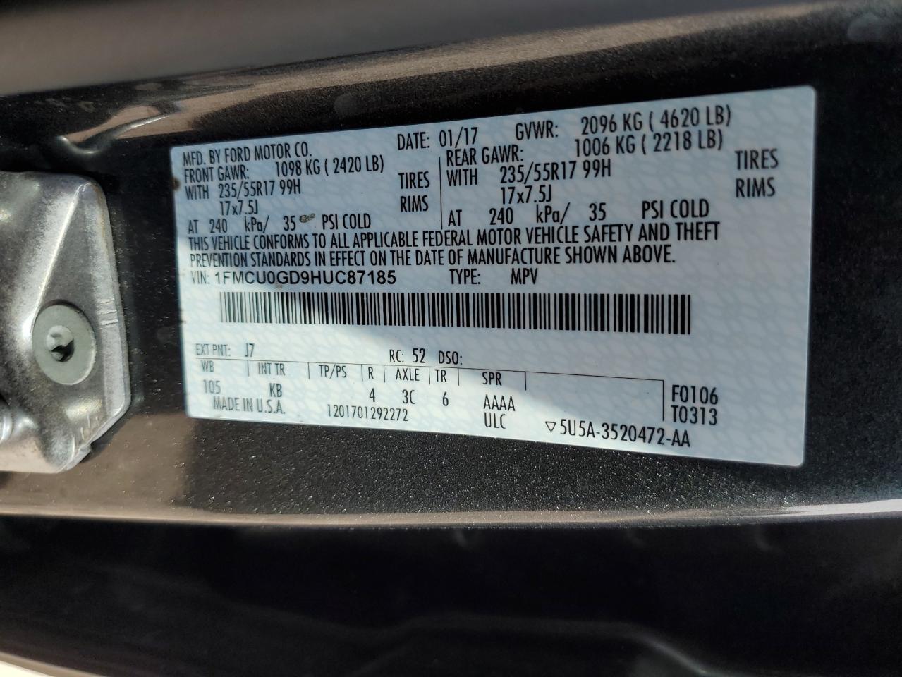 2017 Ford Escape Se VIN: 1FMCU0GD9HUC87185 Lot: 89791735