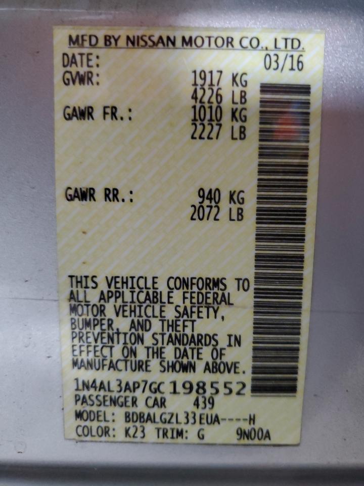 2016 Nissan Altima 2.5 VIN: 1N4AL3AP7GC198552 Lot: 85158435