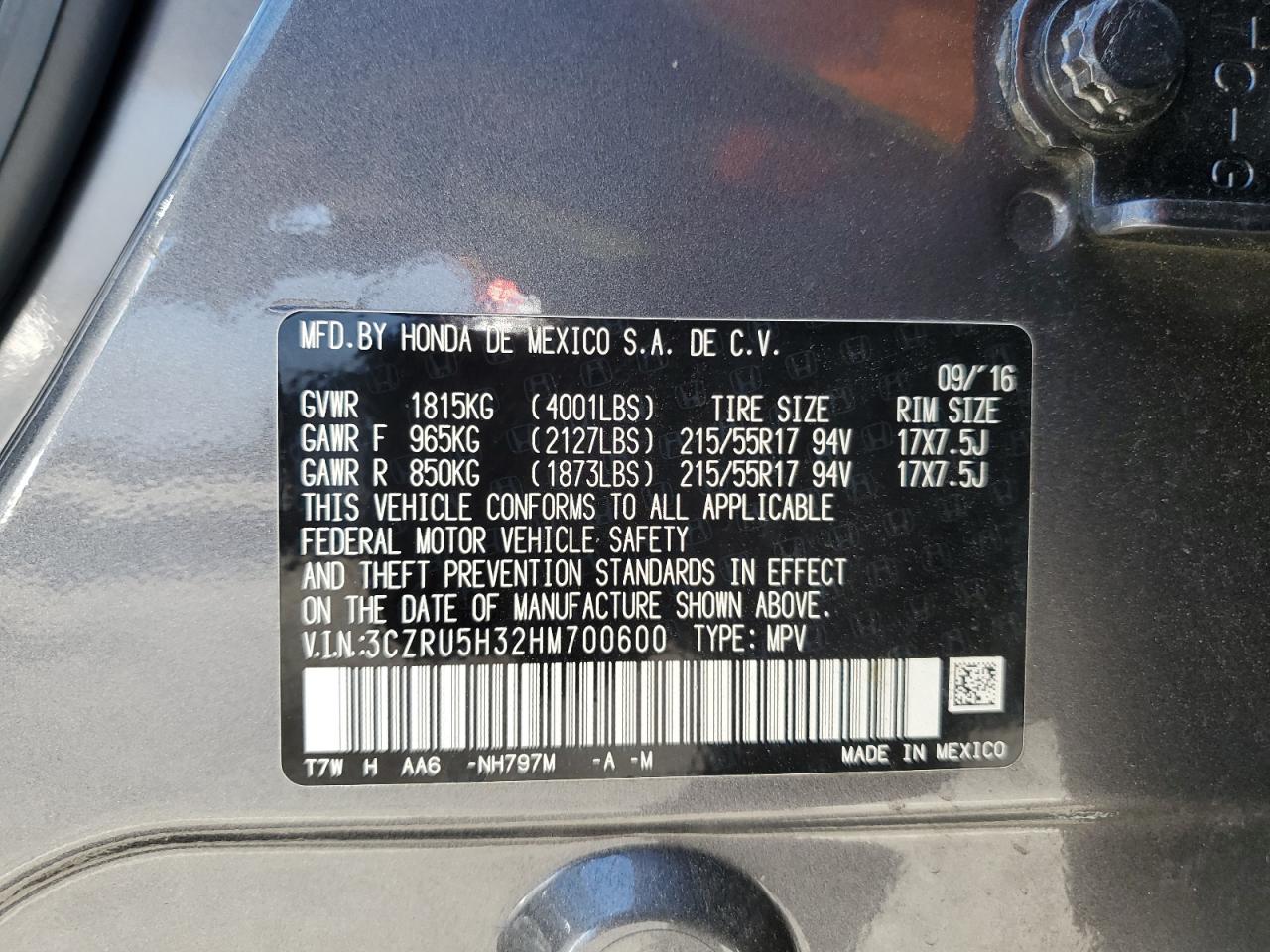 2017 Honda Hr-V Lx VIN: 3CZRU5H32HM700600 Lot: 86457725