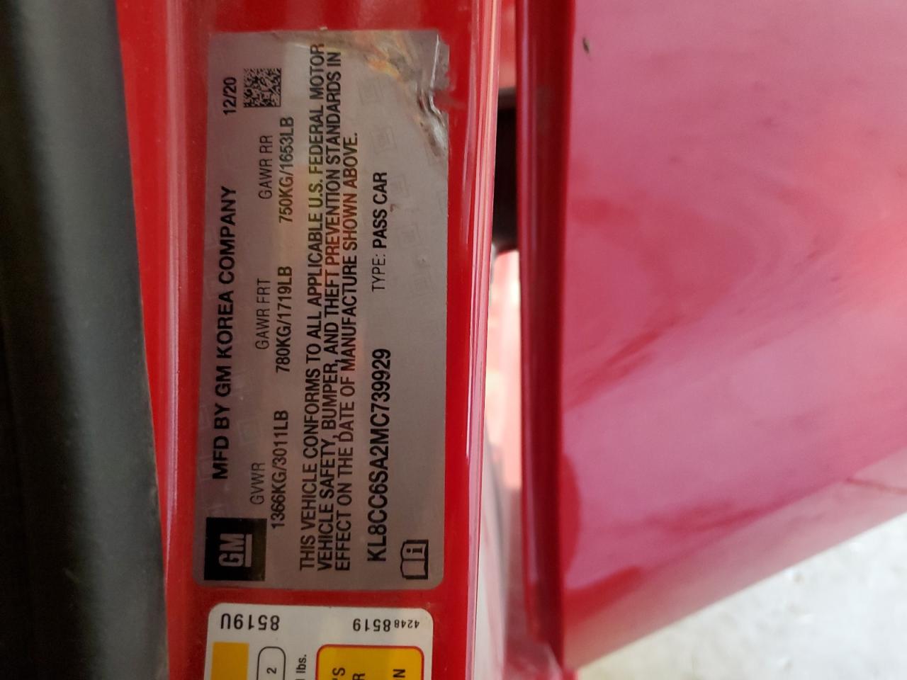 2021 Chevrolet Spark 1Lt VIN: KL8CC6SA2MC739929 Lot: 89699295