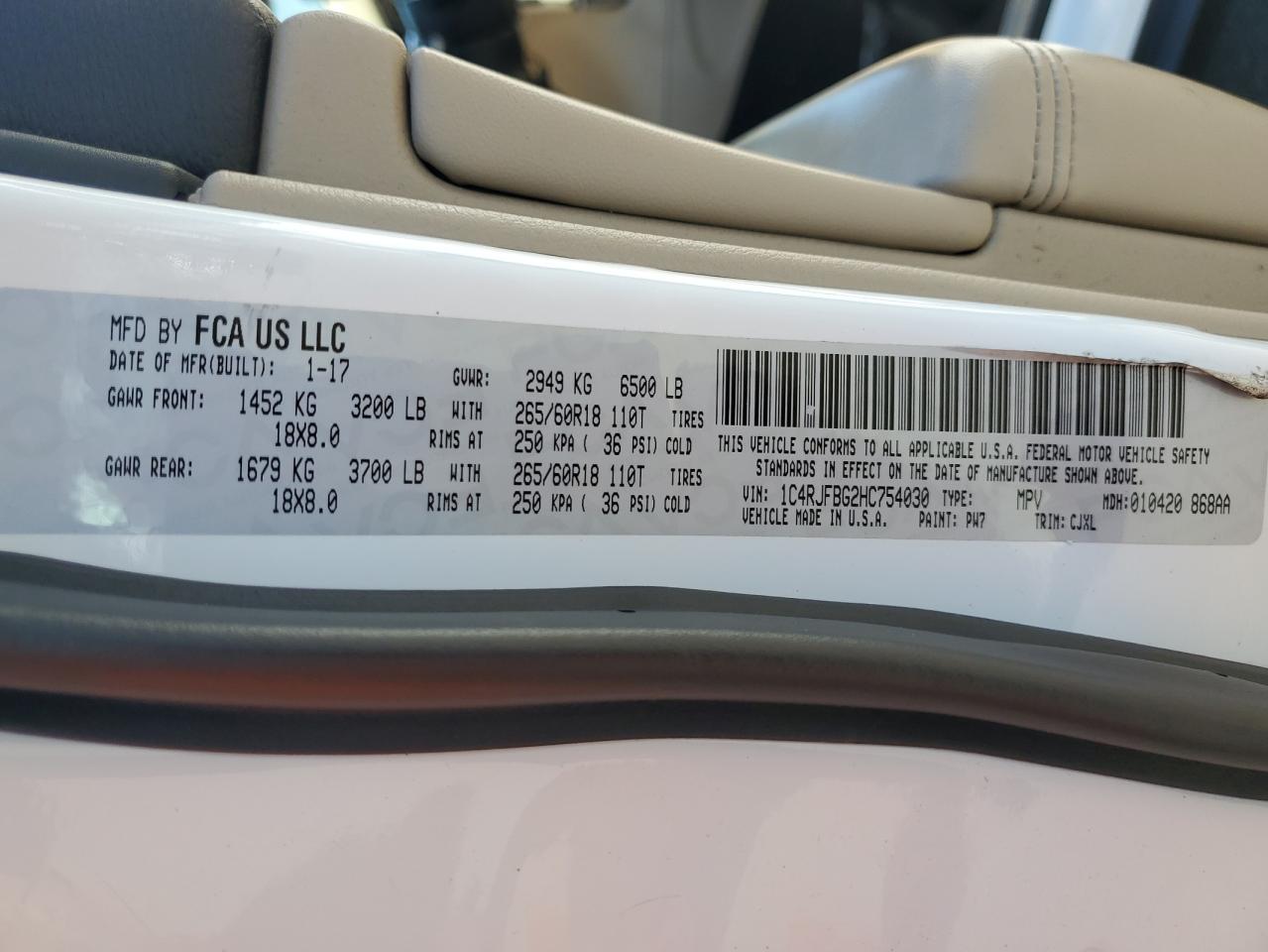 2017 Jeep Grand Cherokee Limited VIN: 1C4RJFBG2HC754030 Lot: 81986015