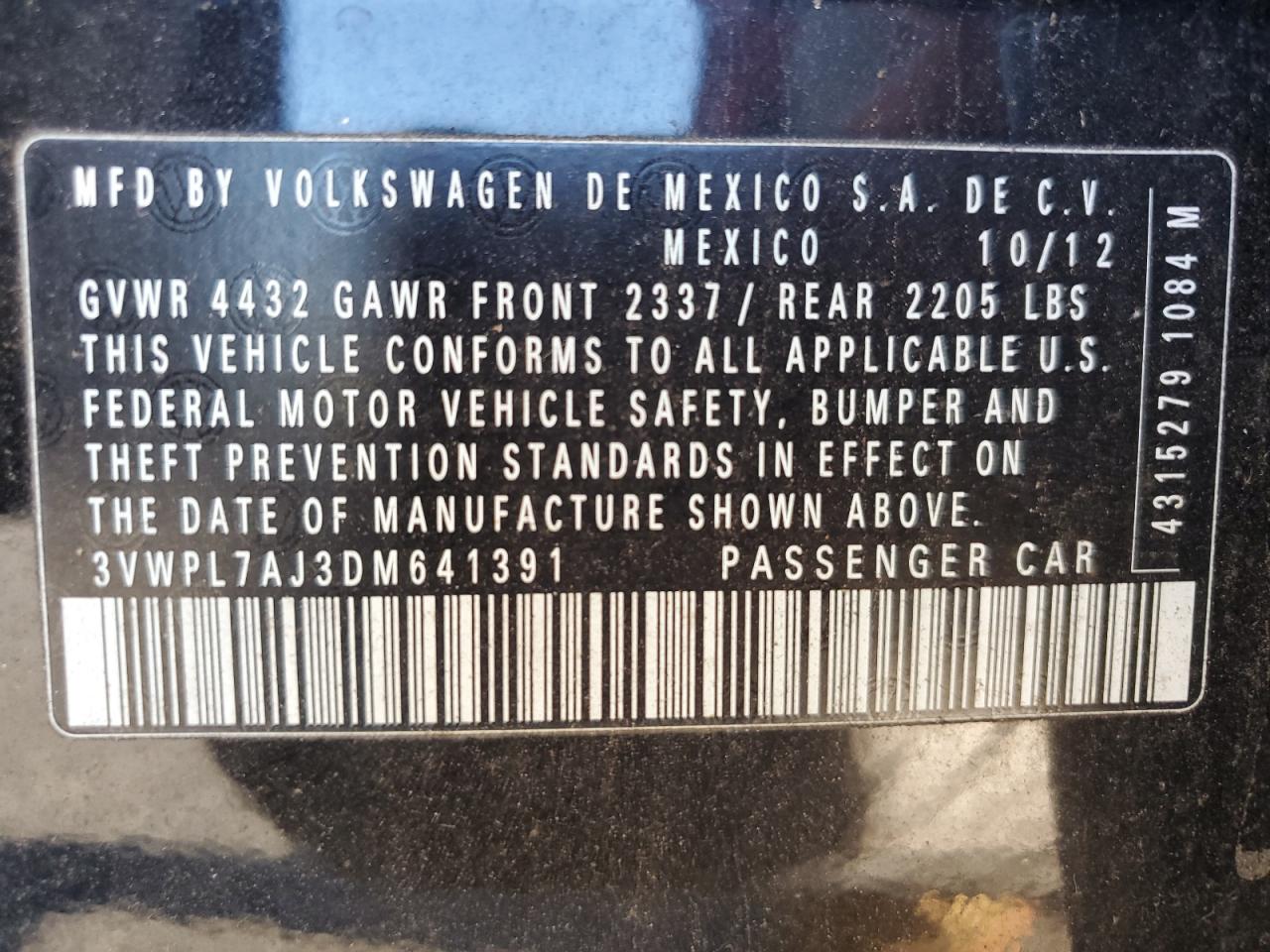 2013 Volkswagen Jetta Tdi VIN: 3VWPL7AJ3DM641391 Lot: 86071015