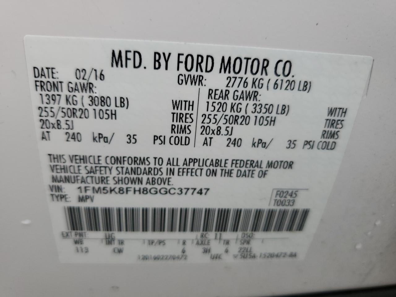 2016 Ford Explorer Limited VIN: 1FM5K8FH8GGC37747 Lot: 85078085