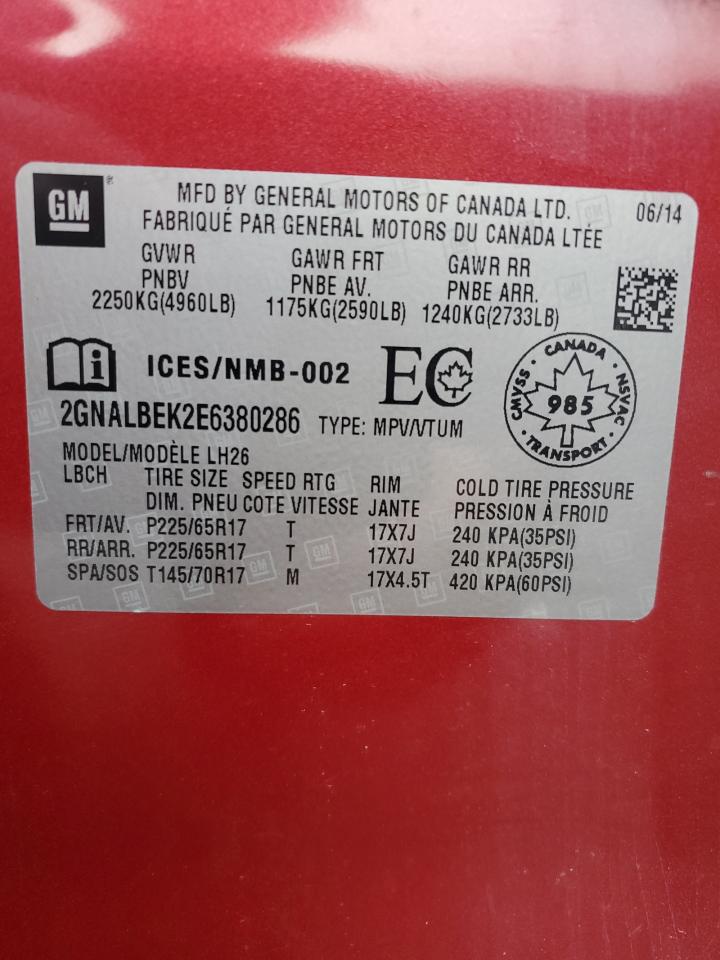 2014 Chevrolet Equinox Lt VIN: 2GNALBEK2E6380286 Lot: 86231055