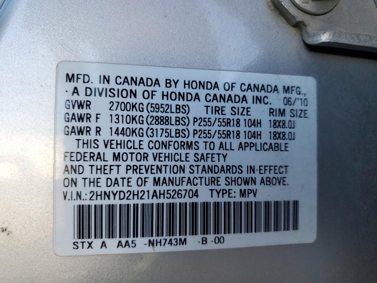 2010 Acura Mdx VIN: 2HNYD2H21AH526704 Lot: 85074205