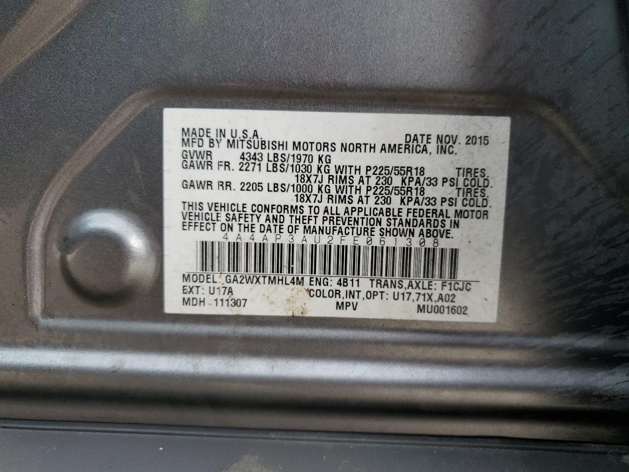 2015 Mitsubishi Outlander Sport Es VIN: 4A4AP3AU2FE061308 Lot: 82785695