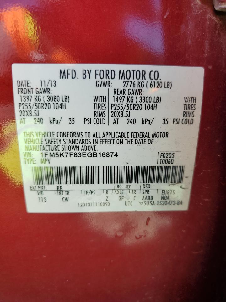 2014 Ford Explorer Limited VIN: 1FM5K7F83EGB16874 Lot: 84894065