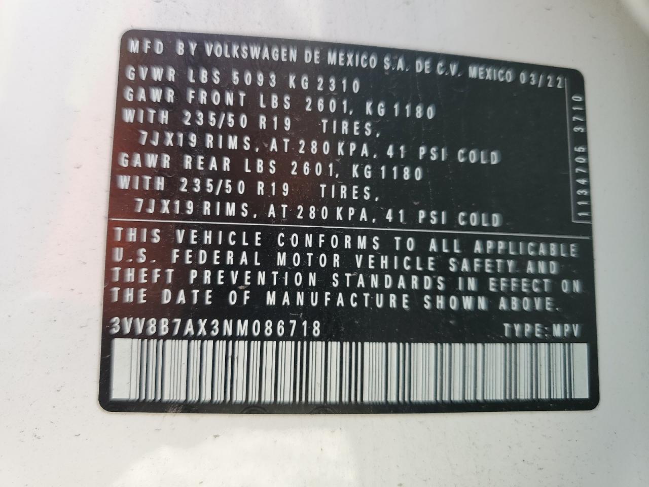 2022 Volkswagen Tiguan Se R-Line Black VIN: 3VV8B7AX3NM086718 Lot: 85096255