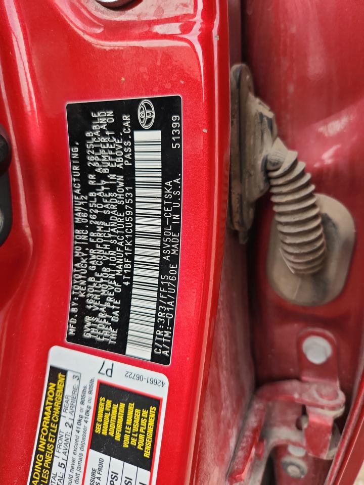 2012 Toyota Camry Base VIN: 4T1BF1FK1CU597531 Lot: 82376485