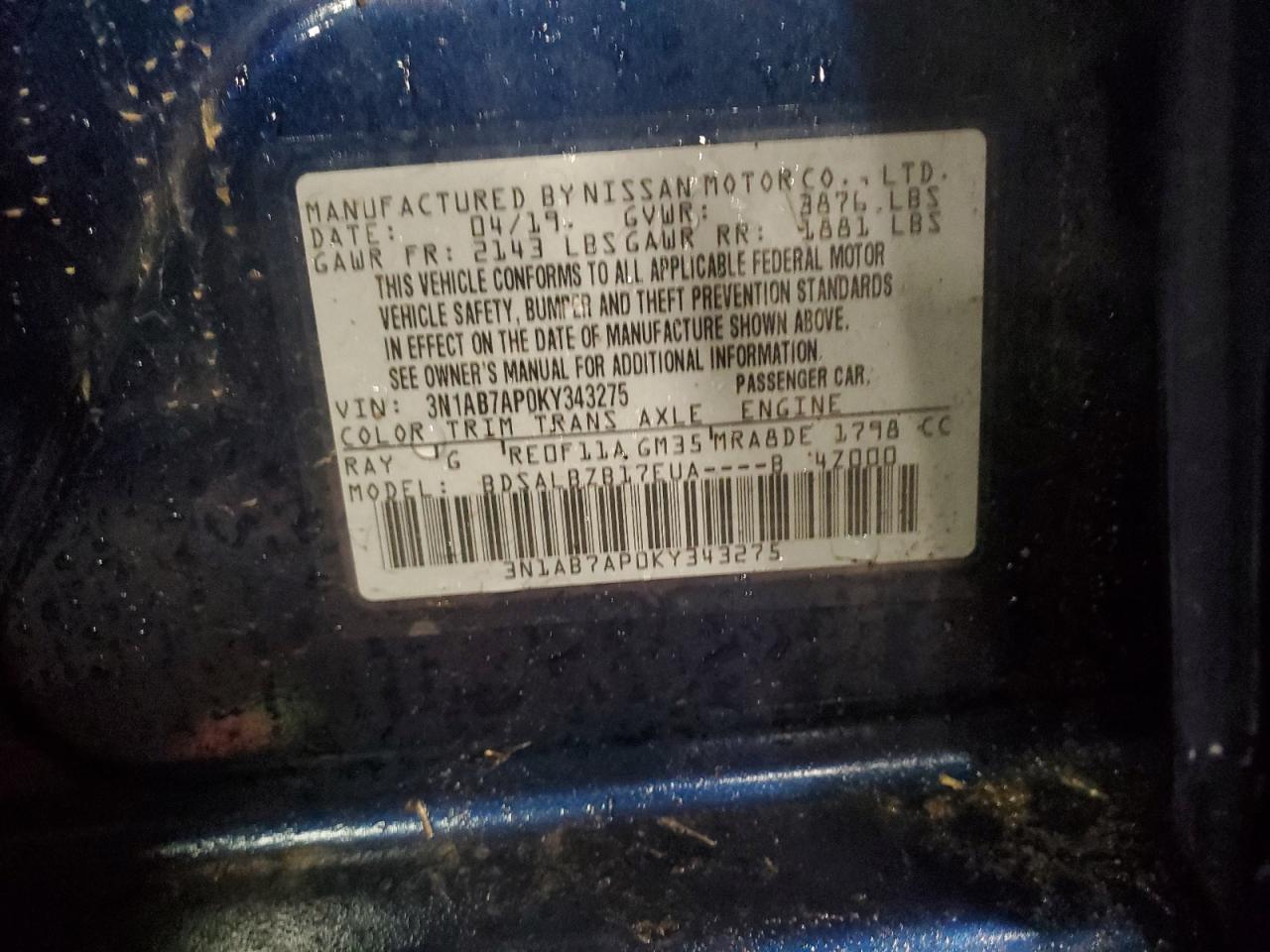 2019 Nissan Sentra S VIN: 3N1AB7AP0KY343275 Lot: 89631975