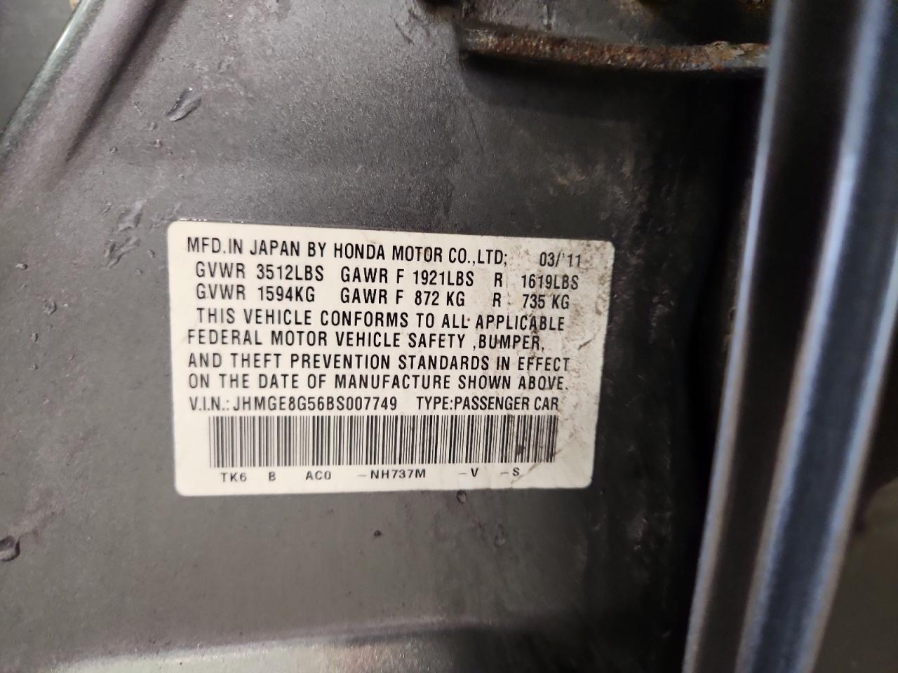 2011 Honda Fit Sport VIN: JHMGE8G56BS007749 Lot: 90822615