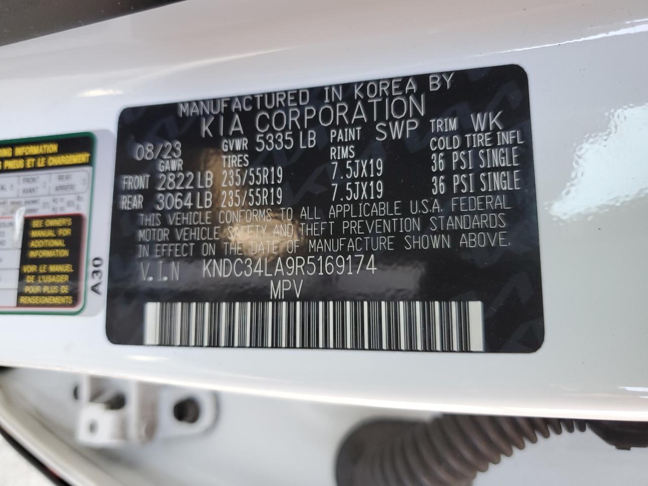 2024 Kia Ev6 Light VIN: KNDC34LA9R5169174 Lot: 85860215