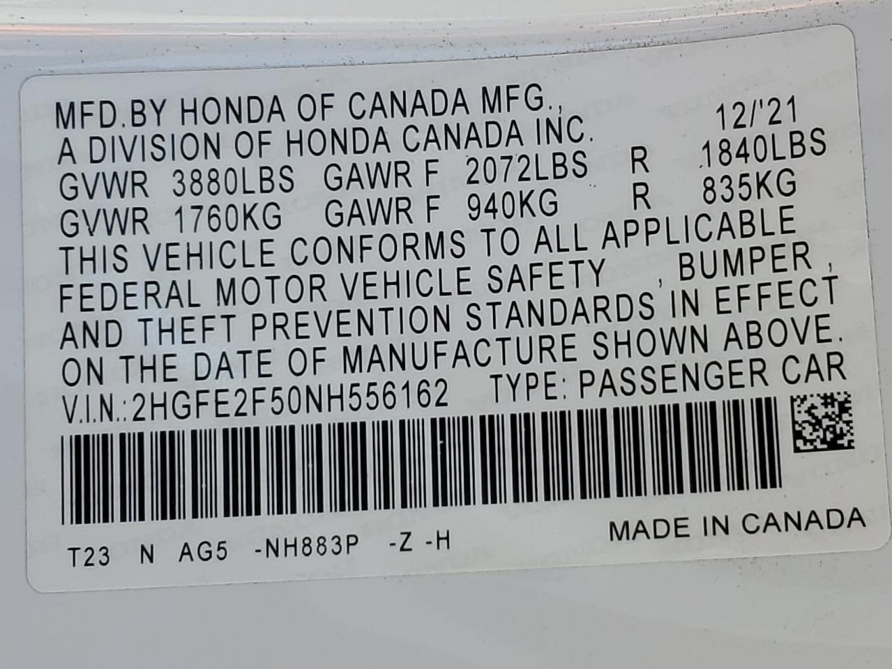 2022 Honda Civic Sport VIN: 2HGFE2F50NH556162 Lot: 82294955