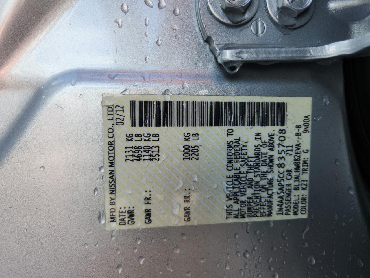 2012 Nissan Maxima S VIN: 1N4AA5AP5CC835708 Lot: 85909915