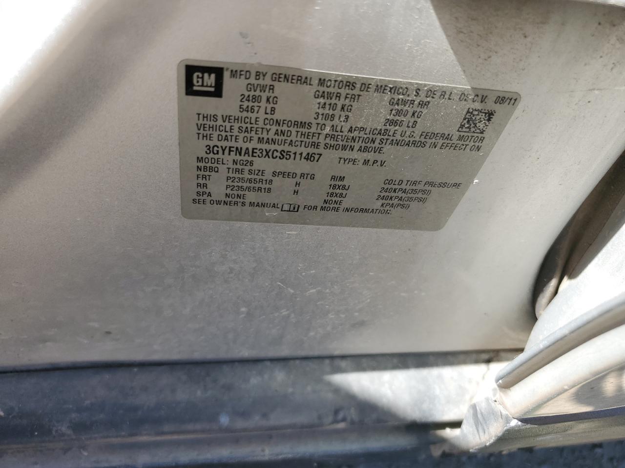 2012 Cadillac Srx Luxury Collection VIN: 3GYFNAE3XCS511467 Lot: 89548315