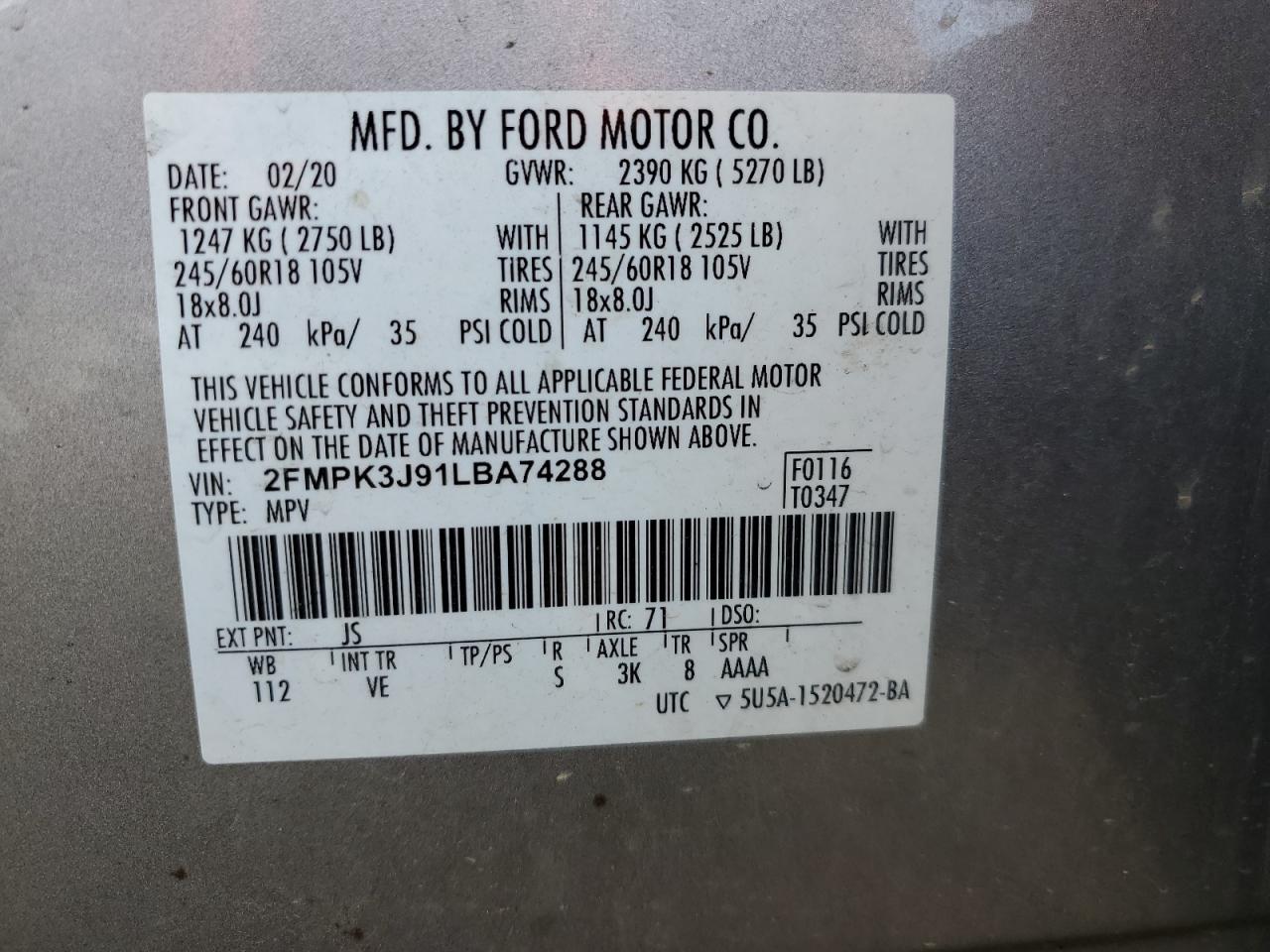 2020 Ford Edge Sel VIN: 2FMPK3J91LBA74288 Lot: 85739845
