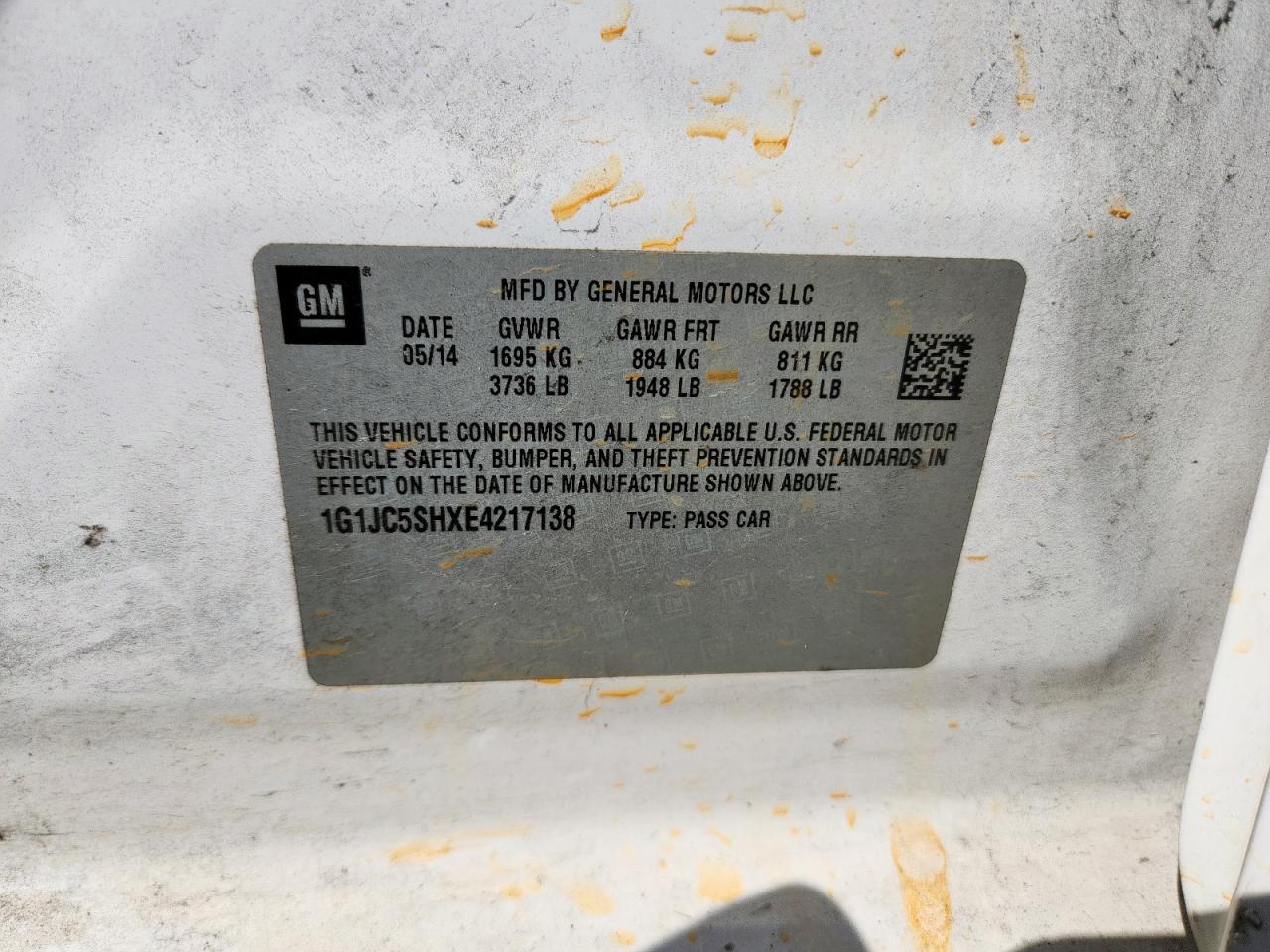 2014 Chevrolet Sonic Lt VIN: 1G1JC5SHXE4217138 Lot: 84290135