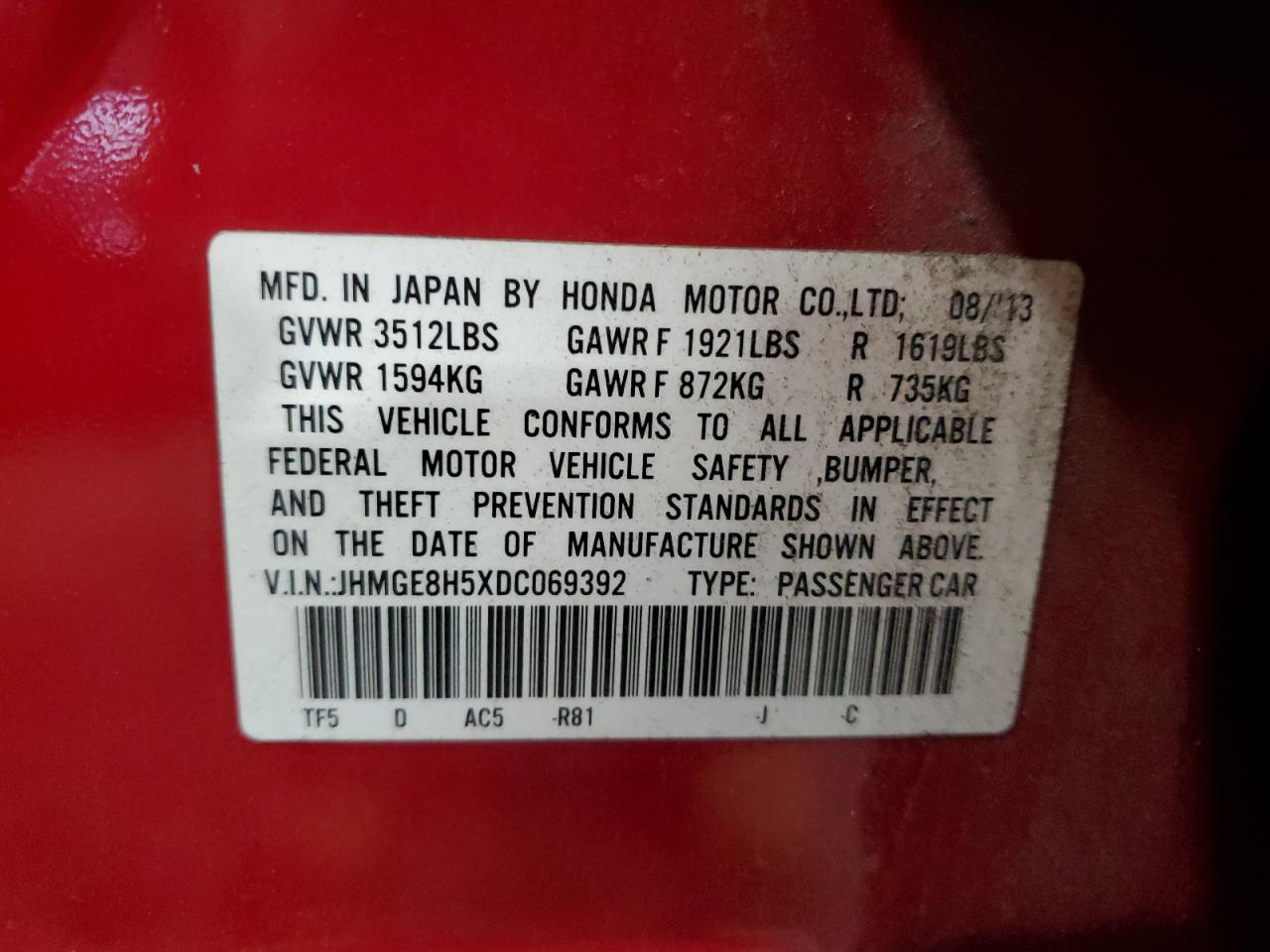 2013 Honda Fit Sport VIN: JHMGE8H5XDC069392 Lot: 85533155