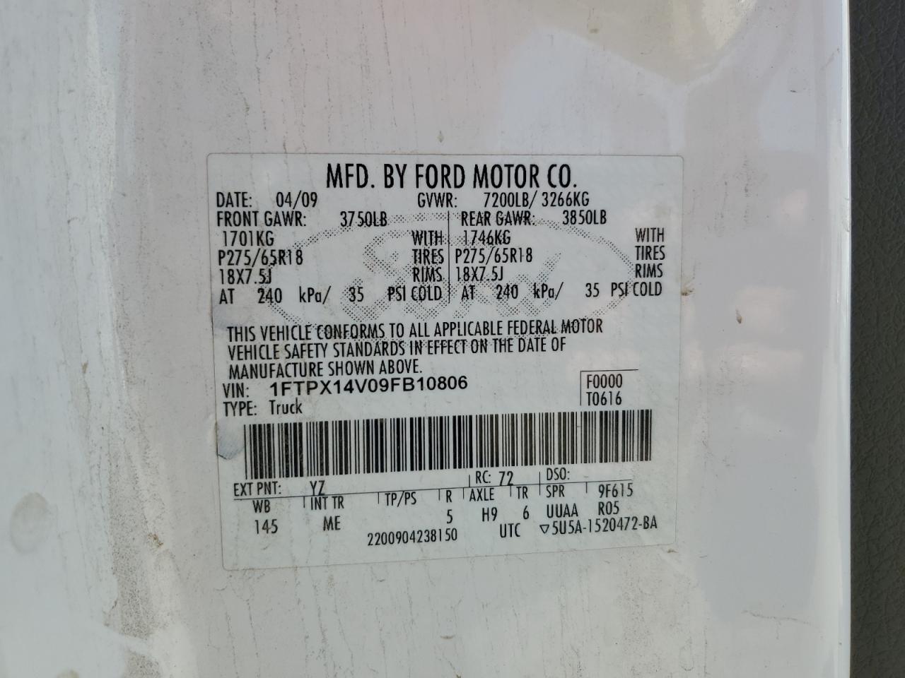 2009 Ford F150 Super Cab VIN: 1FTPX14V09FB10806 Lot: 82315515