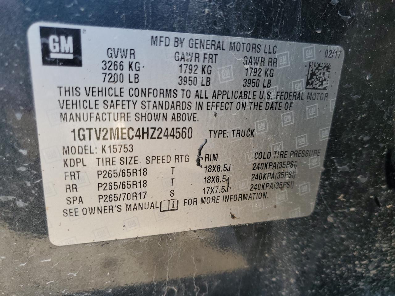 2017 GMC Sierra K1500 Sle VIN: 1GTV2MEC4HZ244560 Lot: 84602495