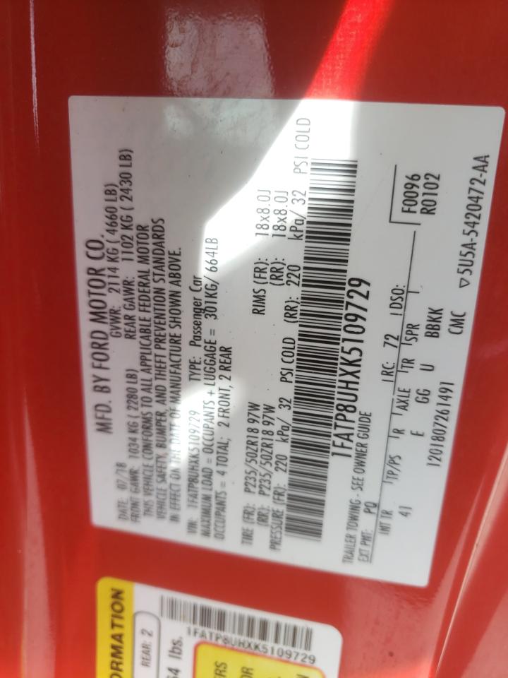 2019 Ford Mustang VIN: 1FATP8UHXK5109729 Lot: 86096195