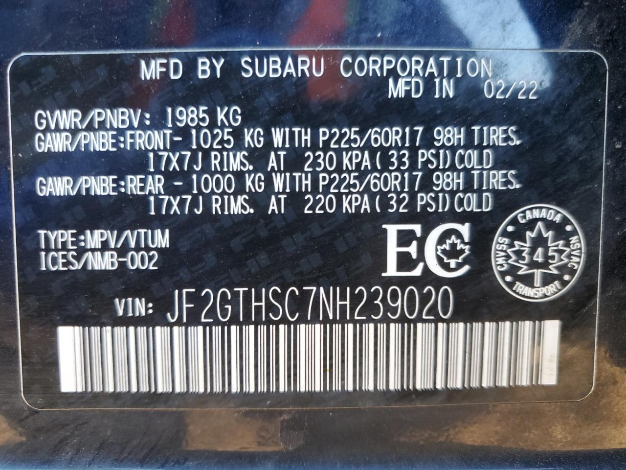 2022 Subaru Crosstrek Sport VIN: JF2GTHSC7NH239020 Lot: 85877955