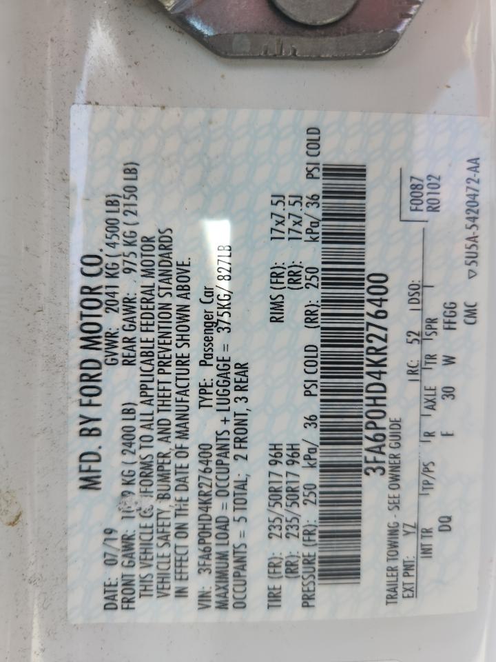 2019 Ford Fusion Se VIN: 3FA6P0HD4KR276400 Lot: 86656195