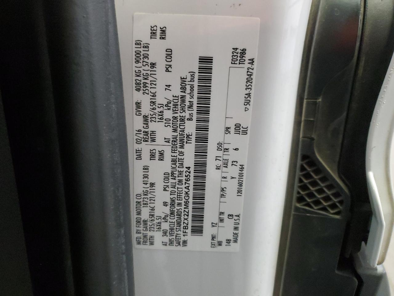 2016 Ford Transit T-350 VIN: 1FBZX2ZM6GKA76524 Lot: 86278745