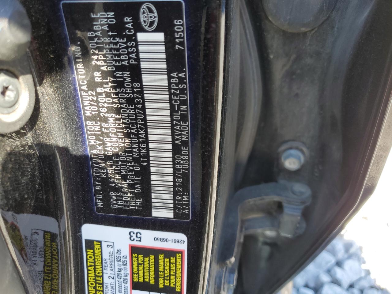 2023 Toyota Camry Xse VIN: 4T1K61AK7PU743718 Lot: 85913555