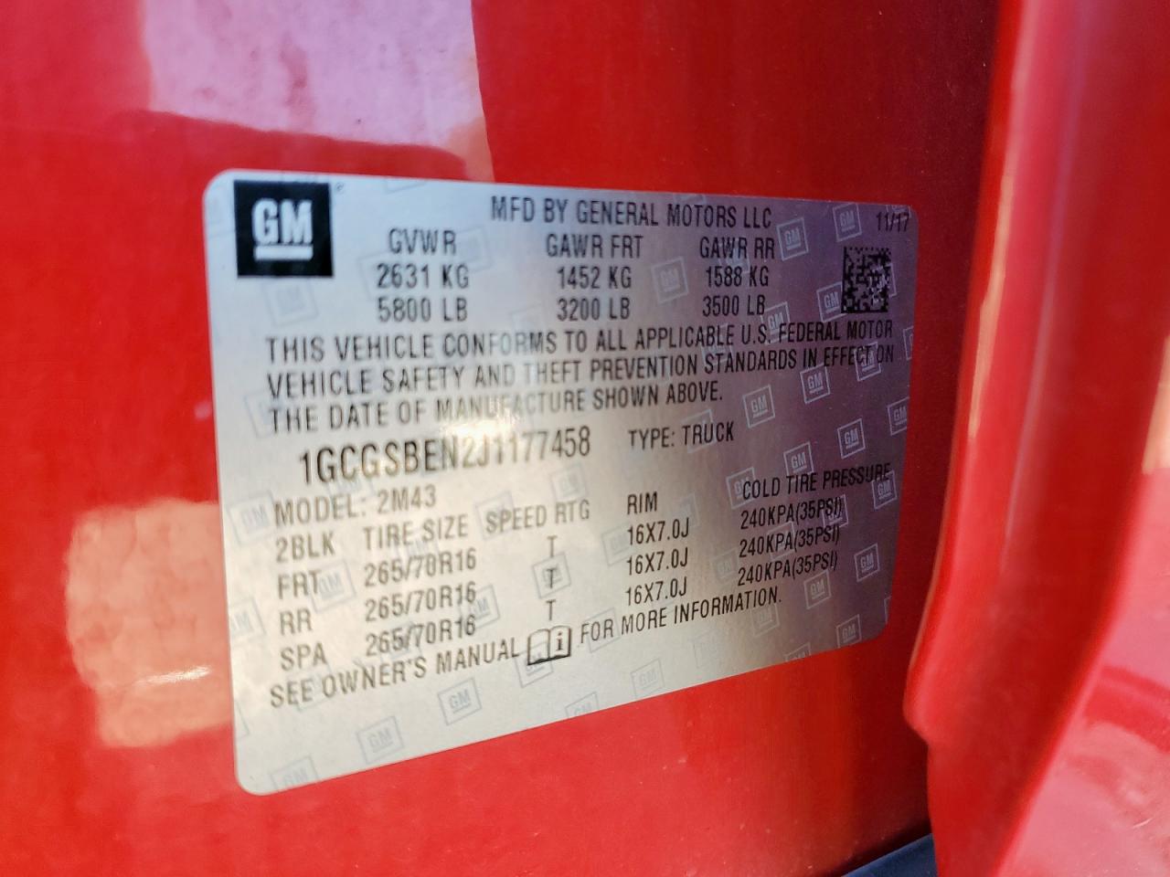 2018 Chevrolet Colorado VIN: 1GCGSBEN2J1177458 Lot: 82001355